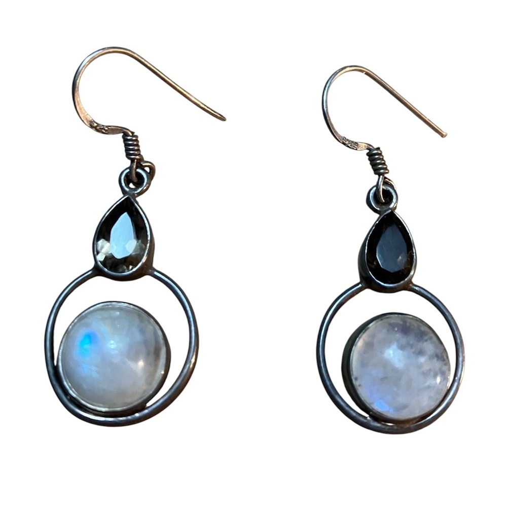 Sterling Silver Rainbow Moonstone and Smoky Quartz Dangle Earrings